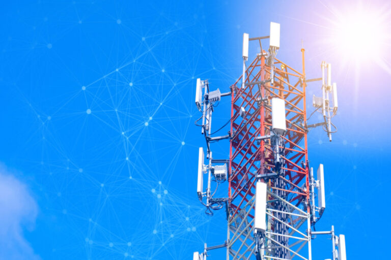 Cellular tower station for wireless telecommunication technology and blending with particles, glittering particles. Connection and mesh dots